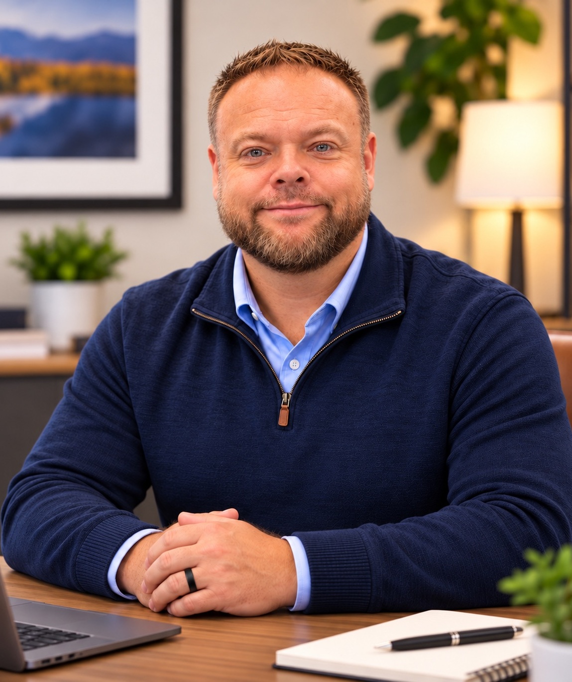 Aaron Hiller, Office Administrator at It Matters Insurance, Inc., seated at his desk in a professional office.