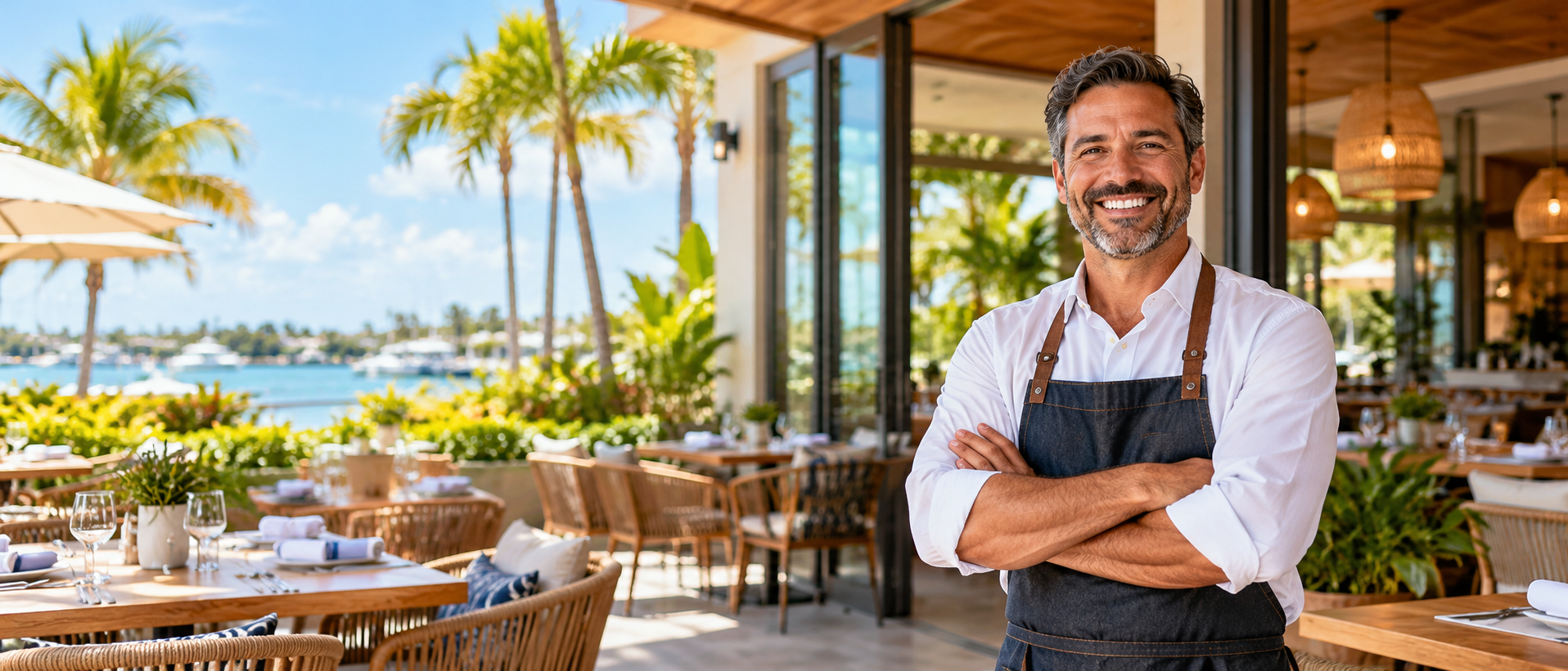 Smiling restaurant owner standing outside his Florida waterfront restaurant, representing small business insurance coverage.