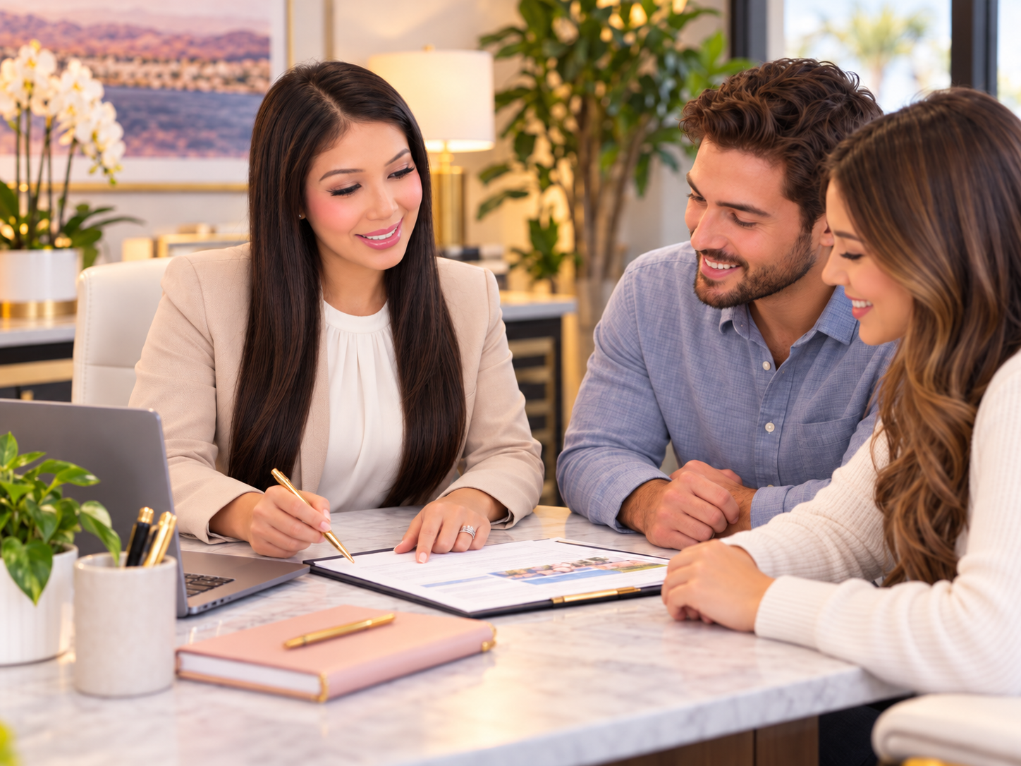 Janalene Hiller reviewing insurance coverage options with a young couple at an office desk.