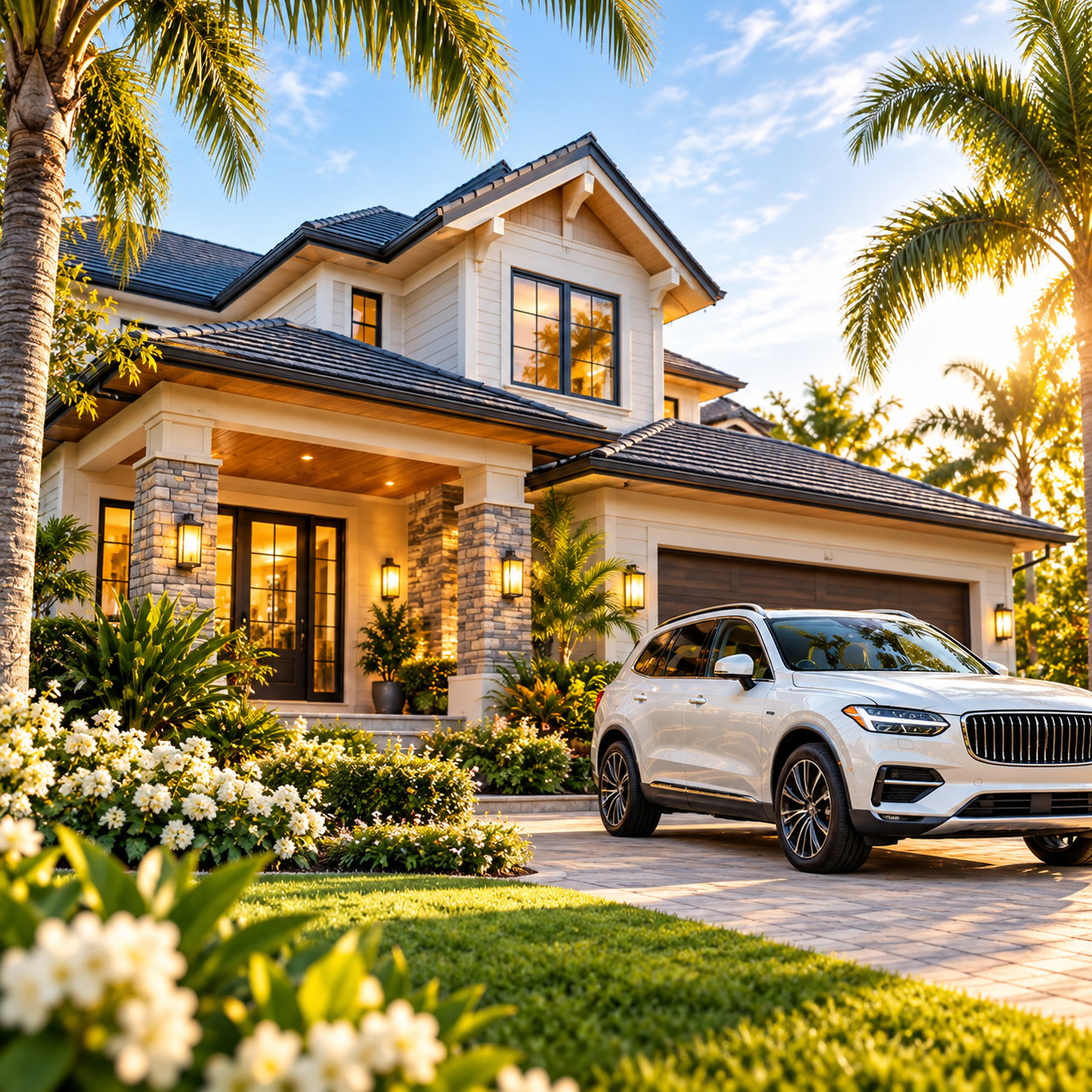 Luxury Florida-style home with palm trees, landscaped yard, and a white SUV parked in the driveway at sunset.