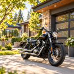 Black cruiser motorcycle parked in the driveway of a modern upscale home with warm outdoor lighting and landscaped greenery.