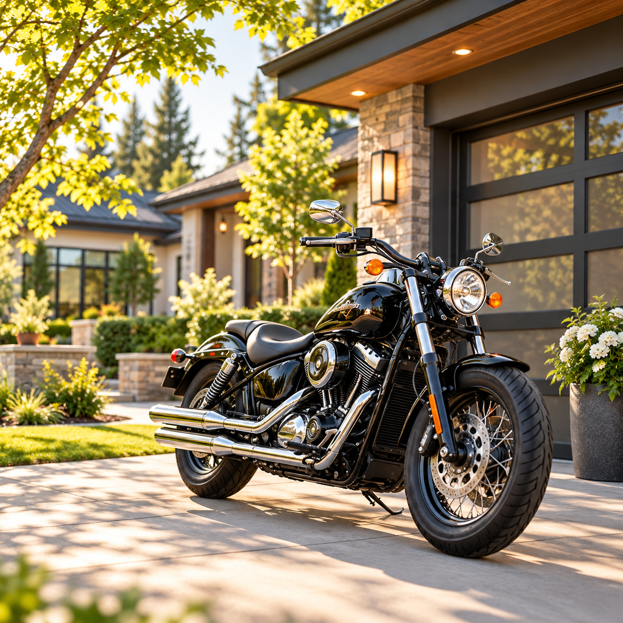 Black cruiser motorcycle parked in the driveway of a modern upscale home with warm outdoor lighting and landscaped greenery.