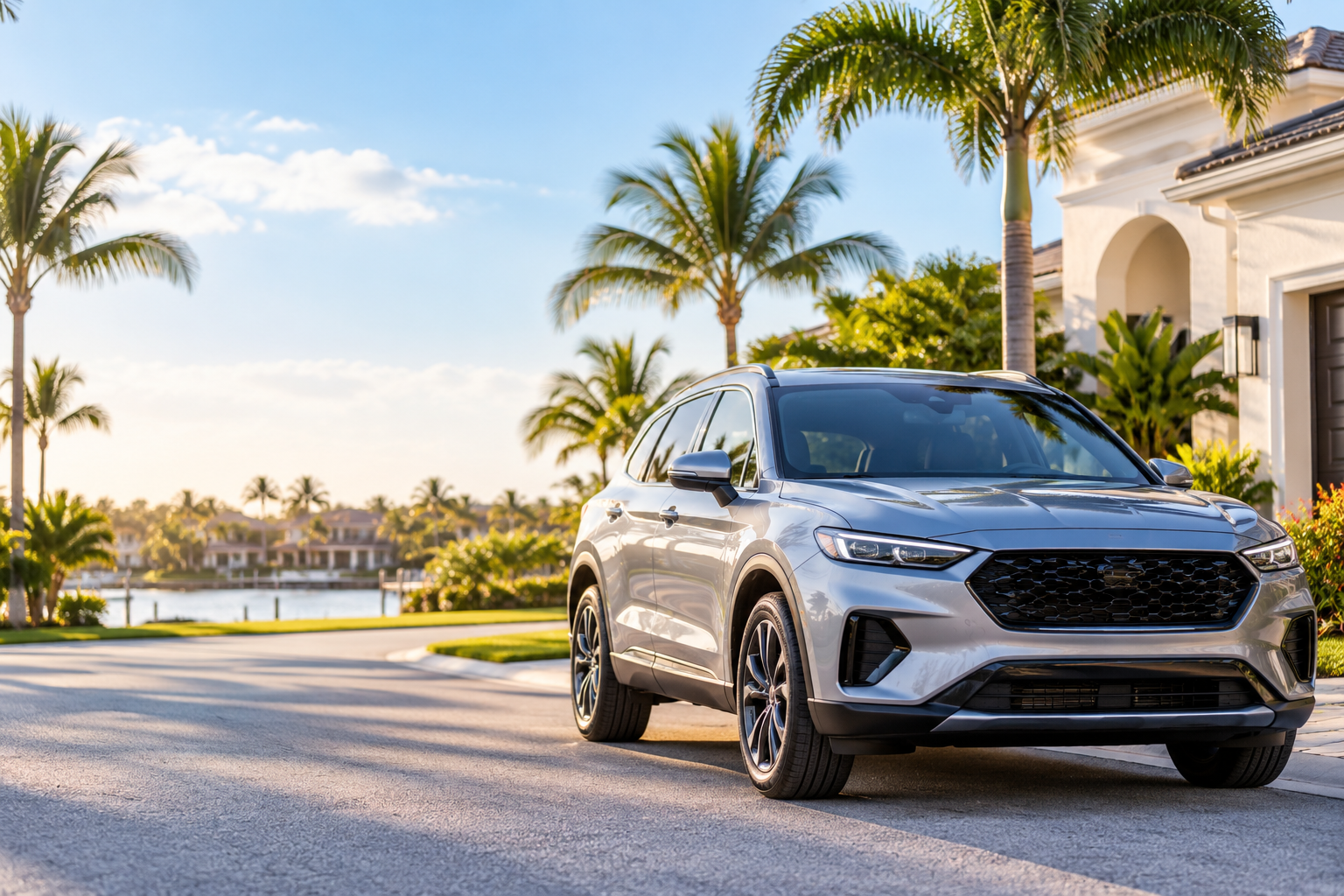 Silver SUV parked outside a Florida home surrounded by palm trees.