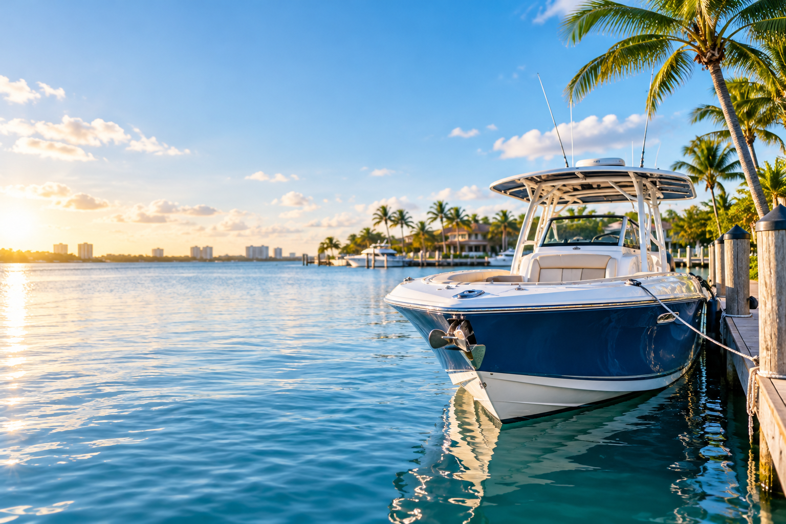 Blue and white recreational motorboat docked at a Florida waterfront marina.