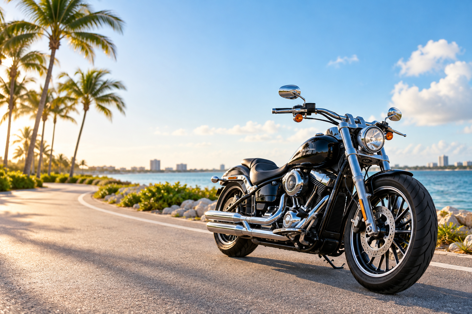 Black cruiser motorcycle parked along a scenic Florida coastal road lined with palm trees.