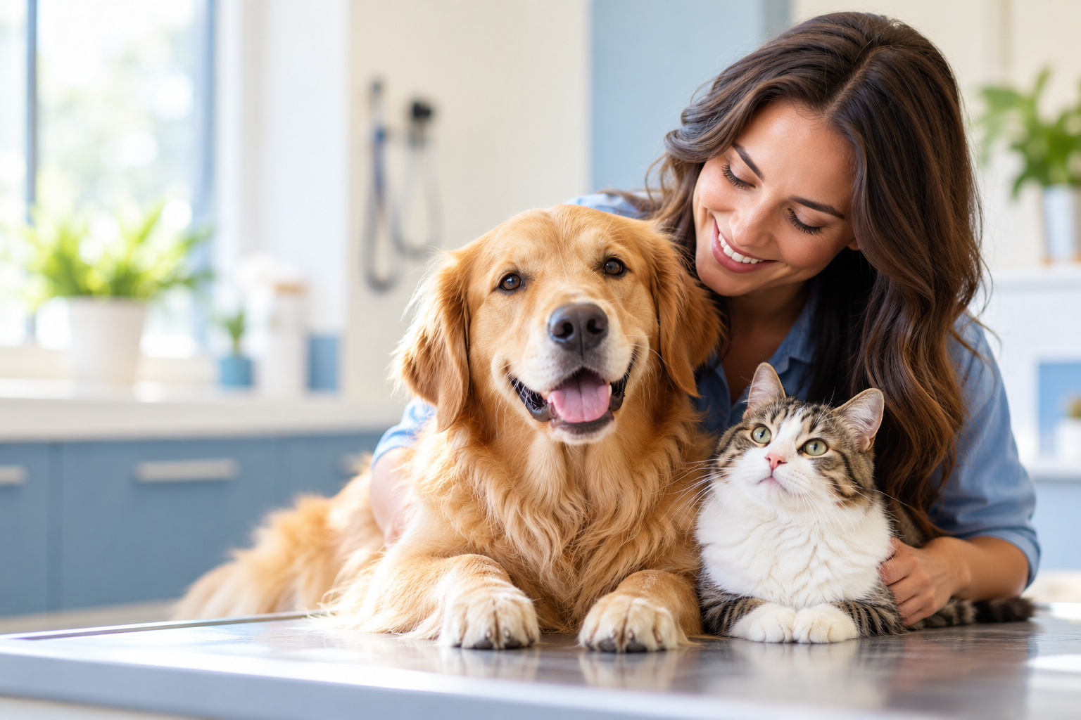 Golden retriever and tabby cat with a smiling woman in a bright veterinary clinic.