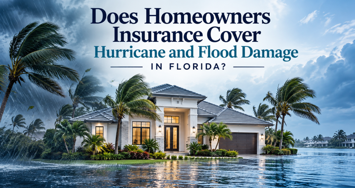 Florida home surrounded by floodwater during a hurricane, with strong winds, heavy rain, and palm trees, illustrating hurricane and flood insurance risks.