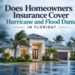 Florida home surrounded by floodwater during a hurricane, with strong winds, heavy rain, and palm trees, illustrating hurricane and flood insurance risks.